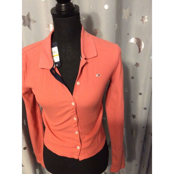 New NWT Tommy Jeans Core Ribbed Long Sleeve Polo Shirt Button Front S - Picture 3 of 7